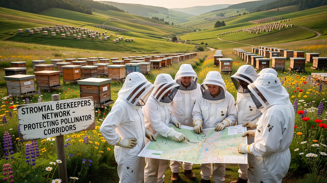 Aerial view of connected pollinator corridors stretching across Stromtal farmland with marked apiary locations and wildflower strips