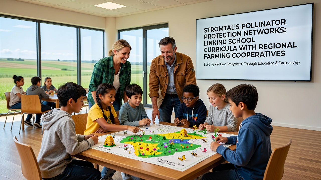 Cooperative farmers and students reviewing pollinator monitoring data on a tablet in a Stromtal field