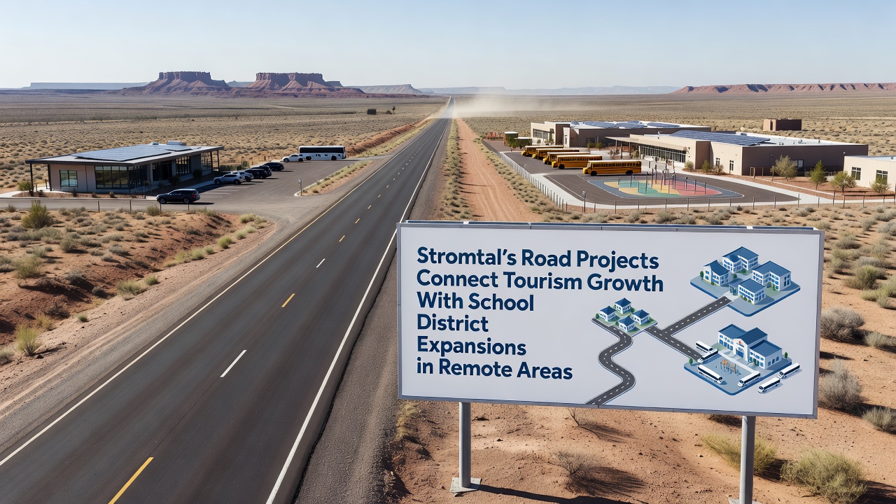 Construction crew installing road signage near a newly expanded remote school campus in Stromtal, with tourist trail markers visible in the background